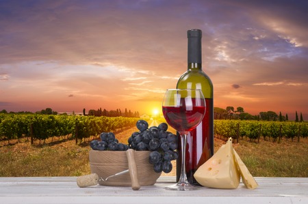 Glass of red wine on the terrace vineyard in Lavaux region, Switzerlandの写真素材