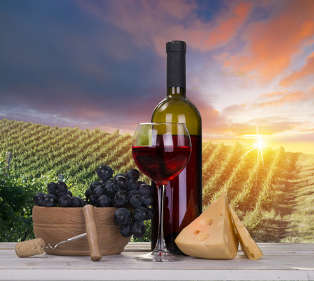 White wine with barrel on vineyard in Chianti, Tuscany, Italy.の写真素材