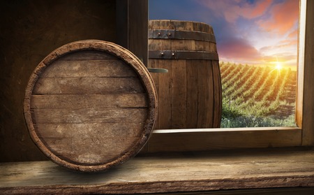 White wine with barrel on vineyard in Chianti, Tuscany, Italyの写真素材