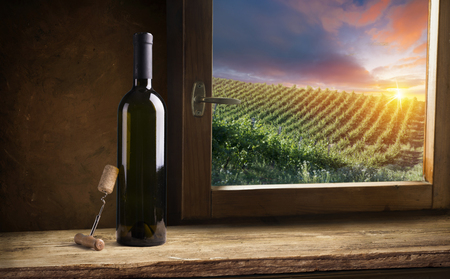 White wine with barrel on vineyard in Chianti, Tuscany, Italyの写真素材