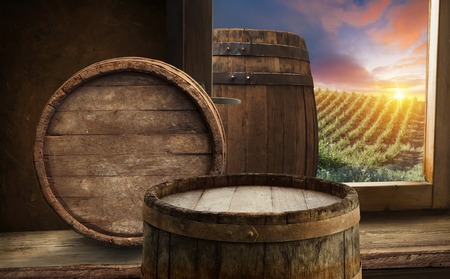 White wine with barrel on vineyard in Chianti, Tuscany, Italyの写真素材