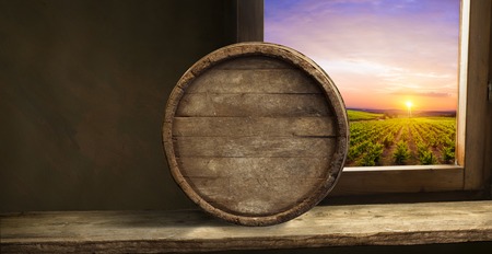 Red wine with barrel on vineyard in green Tuscany, Italyの写真素材