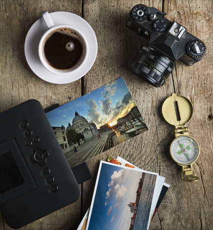 Camera, red heart and cup of a coffee.の写真素材