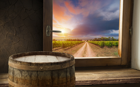 White wine with barrel on vineyard in Chianti, Tuscany, Italyの写真素材