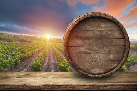 Red wine with barrel on vineyard in green Tuscany, Italyの写真素材