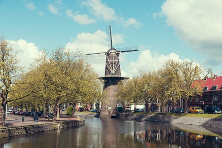 Landscape with tulips, traditional dutch windmills and houses near the canal in Zaanse Schans, Netherlands, Europeの写真素材