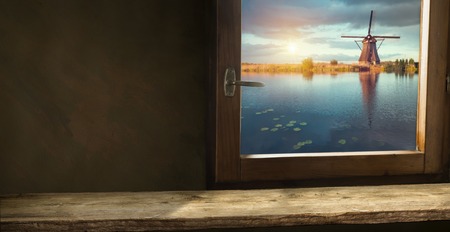 Empty wooden board table in front of blurred background. Perspective of Pink Tulip Blossom field can be used for display or montage products or advertise textの写真素材