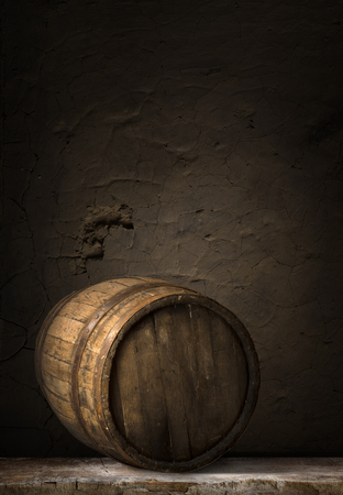 Wooden oak barrel isolated on white backgroundの写真素材