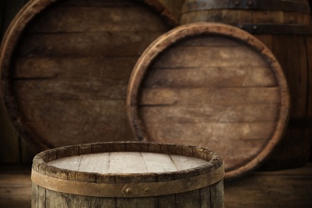 Wooden oak barrel isolated on white backgroundの写真素材