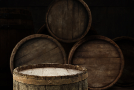Wooden oak barrel isolated on white backgroundの写真素材