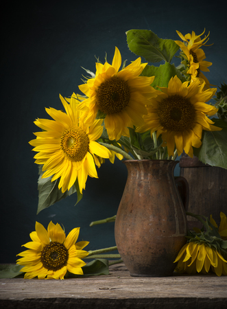 Autumn background with sunflowers on wooden boardの写真素材