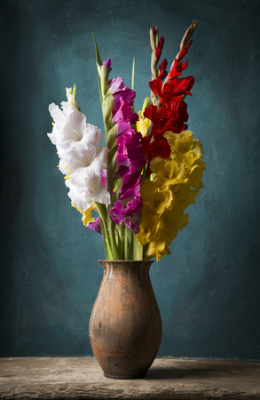 Beautiful gladiolus on wooden background text, botany, autumnの写真素材