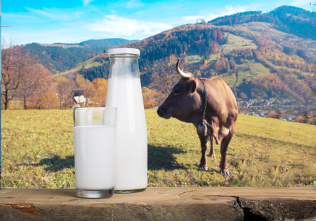 A bottle of milk and glass of milk on a wooden table on a blue backgroundの写真素材
