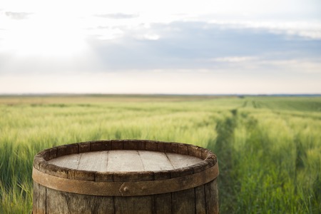 Wooden board table in front of a field of wheat on sunset light. Ready for product display montageの写真素材