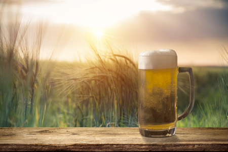 excellent light beer on a wooden table in a landscape.の写真素材