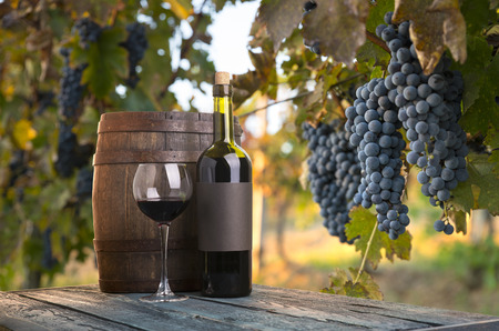 red wine bottle and wine glass on wodden barrelの写真素材