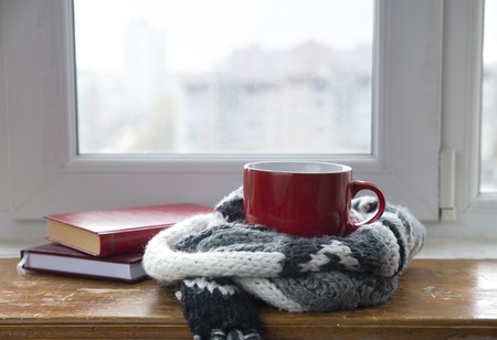 Cozy winter still life: mug of hot tea and opened book with warm plaid on vintage windowsill against snow landscape from outside.の写真素材