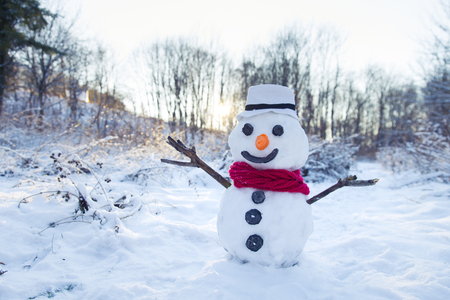 snowman on orange sunset background christmas santaの写真素材