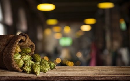 Still life with a keg of beer and hops.の写真素材