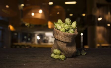Beer brewing ingredients Hop in bag and wheat ears on wooden cracked old table. Beer brewery concept. Hop cones and wheat closeup. Sack of hops and sheaf of wheat on vintage background.の写真素材