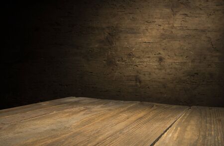 wood brown grain texture, dark wall background, top view of wooden tableの写真素材