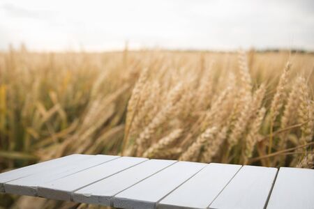 wood board table in front of field of wheat on sunset light. Ready for product display montagesの写真素材