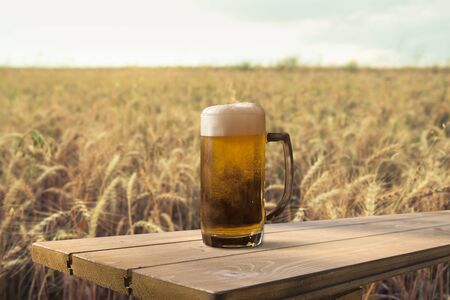 Glass of beer and bottle against wheat field and sunsetの写真素材