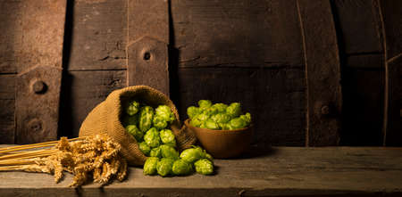 Beer. Still life with Vintage beer barrel and glass light beer. Fresh amber beer concept. Green hop and gold barley on wooden table. Ingredients for brewery. Brewing traditionsの写真素材