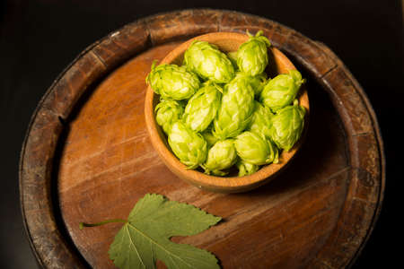 Beer. Still life with Vintage beer barrel and glass light beer. Fresh amber beer concept. Green hop and gold barley on wooden table. Ingredients for brewery. Brewing traditionsの写真素材