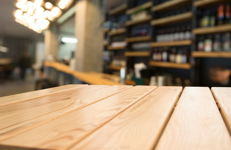 Empty wooden table top with lights bokeh on blur restaurant background.の写真素材