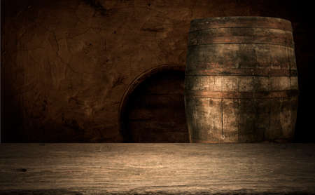 Empty wooden table top with lights bokeh on blur restaurant background.の写真素材