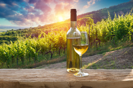 Barrel Wineglasses Cheese And Bottle In Vineyardの写真素材