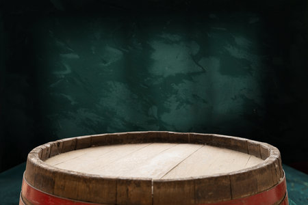 Barrel Wineglasses Cheese And Bottle In Vineyardの写真素材