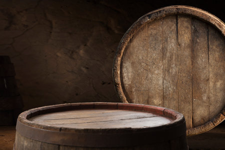 Beer barrel with beer glasses on table