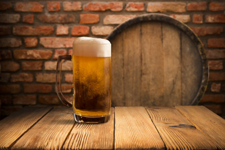 mug of beer, wheat ears, green hopsの写真素材