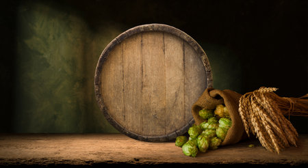 mug of beer, wheat ears, green hopsの写真素材