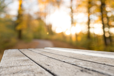 Wooden board empty table in front ofの写真素材