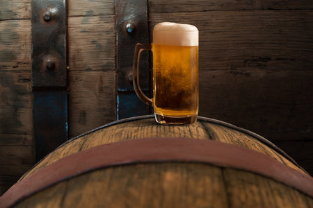 Oktoberfest beer barrel and beer glasses withの写真素材
