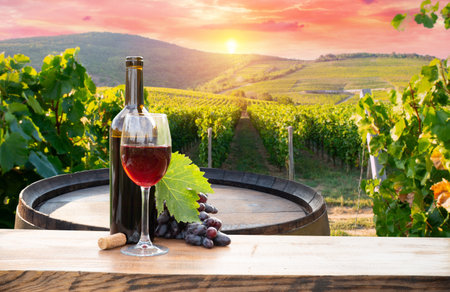 Red wine bottle and wine glass onの写真素材