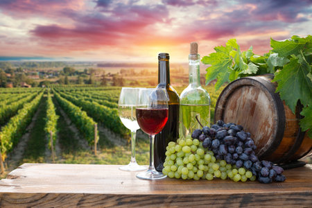 Red wine bottle and wine glass onの写真素材