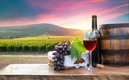 red wine bottle and wine glass onの写真素材