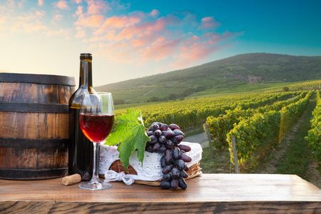 red wine bottle and wine glass onの写真素材