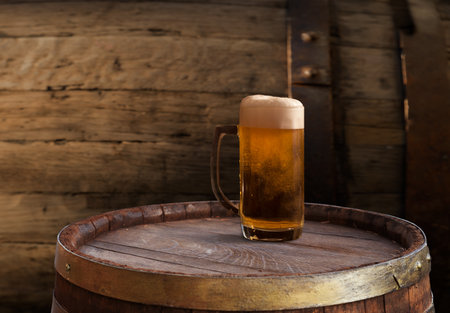 Oktoberfest beer barrel and beer glasses withの写真素材