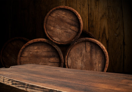 Old wooden barrel on a brown backgroundの写真素材