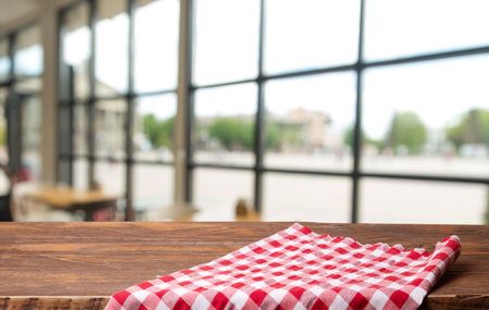 Cloth napkin on wood table with glassの写真素材