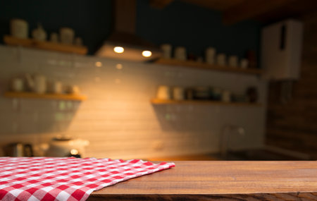 Cloth napkin on wood table with glassの写真素材