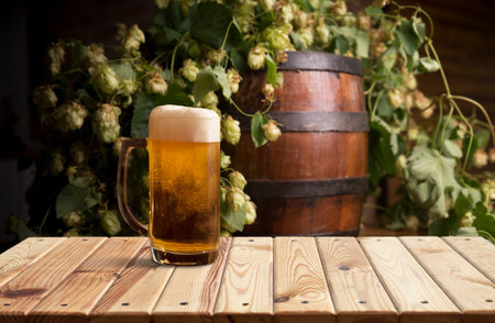 Oktoberfest beer barrel and beer glasses withの写真素材