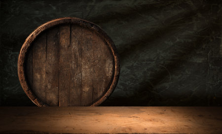 background of barrel and worn old tableの写真素材