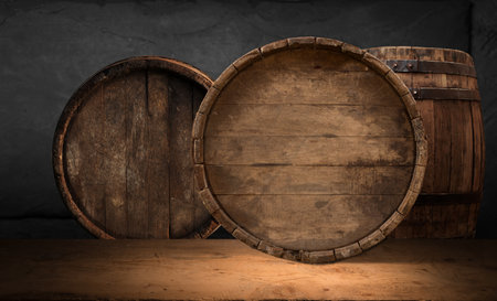 background of barrel and worn old tableの写真素材