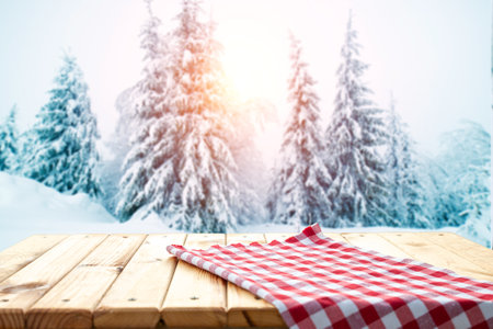 The empty wooden brown table top withの写真素材